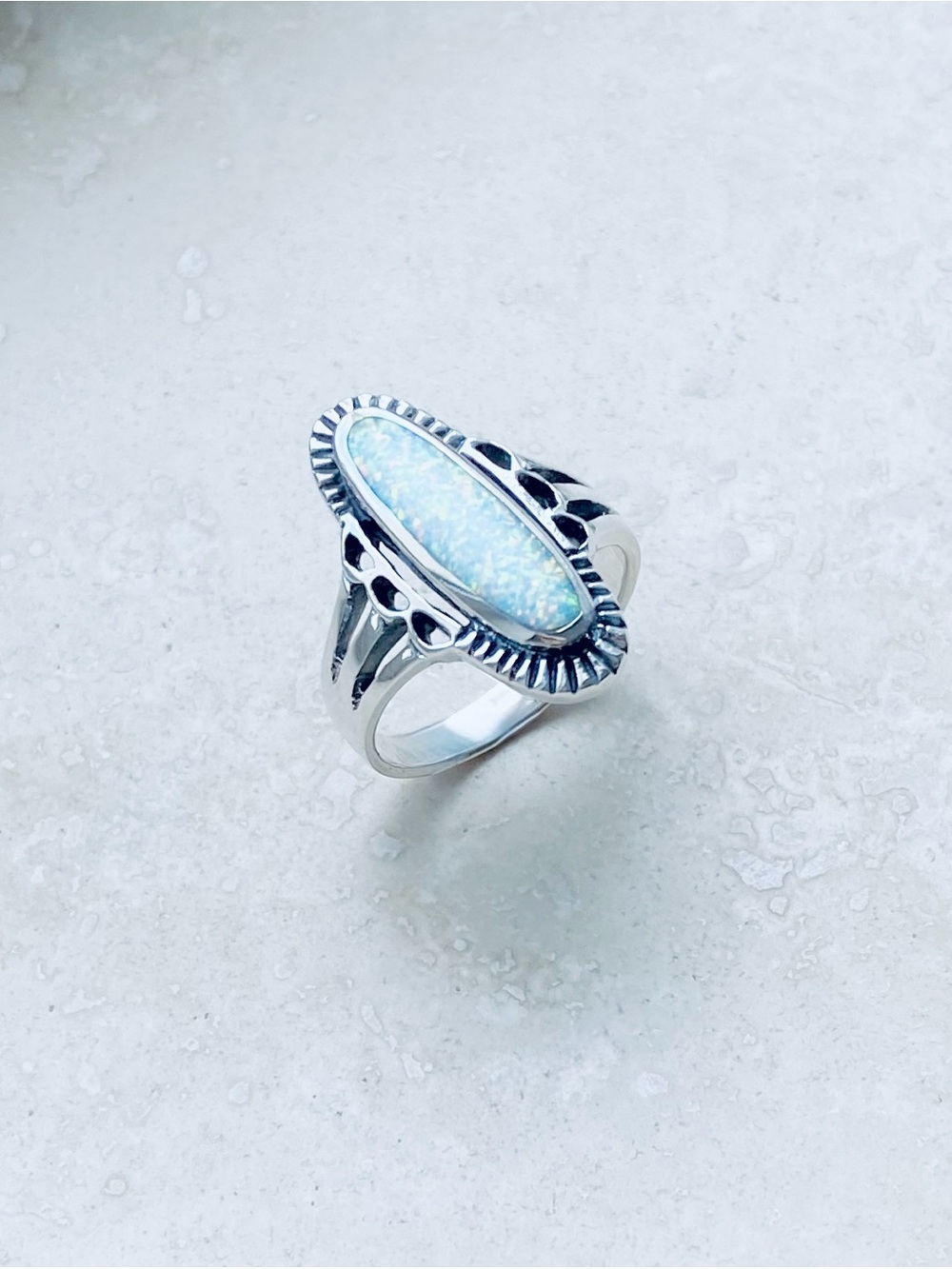 😍TOP SELLER😍 925 Silver Etched White Lab Opal Ring, Statement Boho Silver Rings - Picture 5 of 11